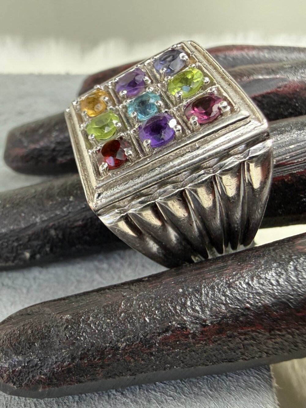 Karis Stainless Steel w/ Multi-Gemstone Silver Tone Ring Size 10.5 - Picture 8 of 12